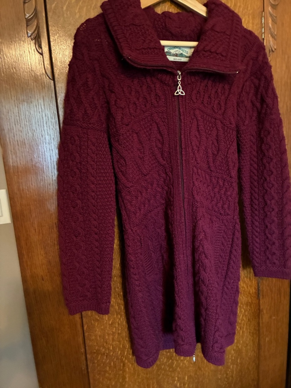 Aran Crafts Cable Knit Zip Sweater - Burgundy / S